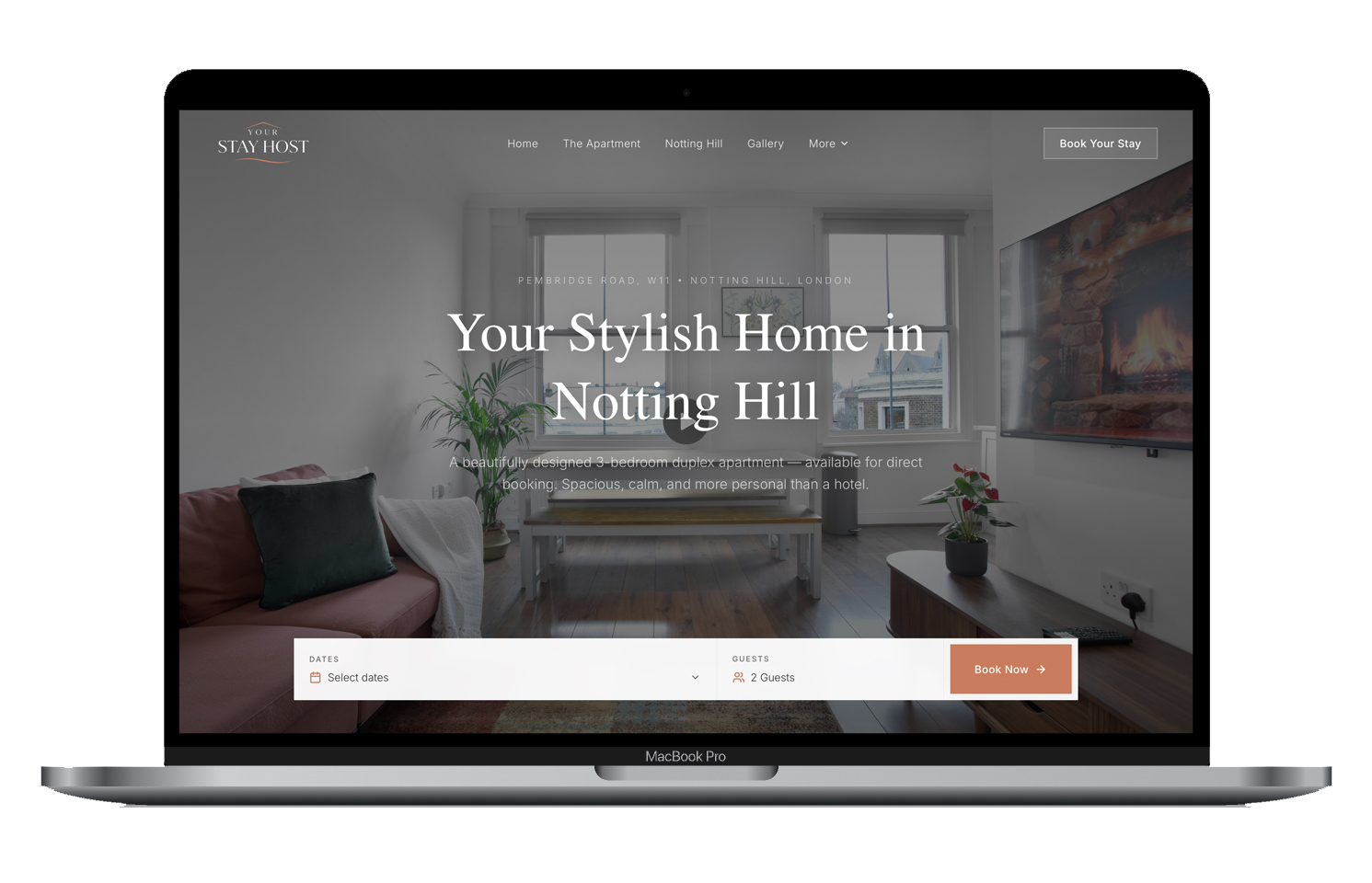 Your Stay Host homepage shown on a MacBook